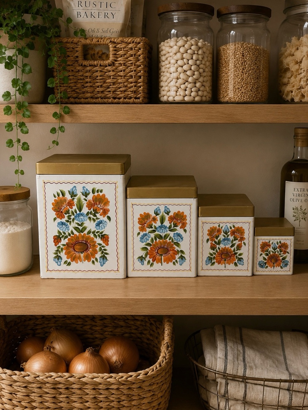 Vintage Hand Painted Wooden Canister set 4 Floral Nesting Storage Canisters